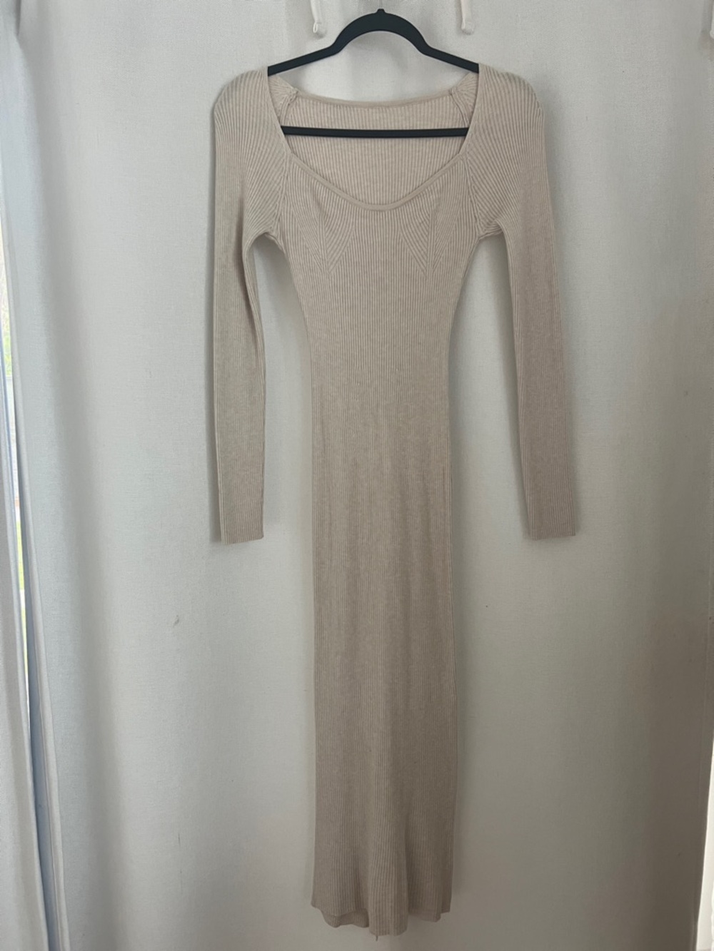 Beige Ribbed Long-Sleeve Maxi Dress